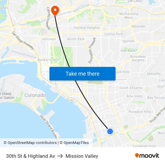 30th St & Highland Av to Mission Valley map