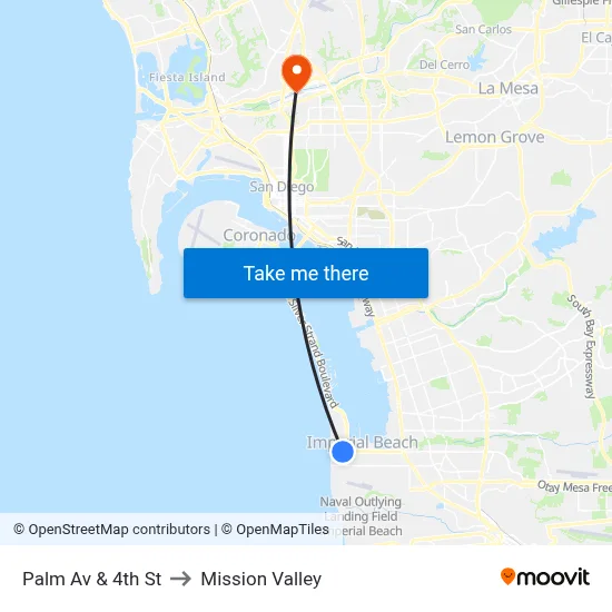 Palm Av & 4th St to Mission Valley map