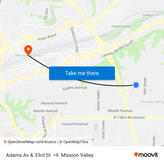 Adams Av & 33rd St to Mission Valley map