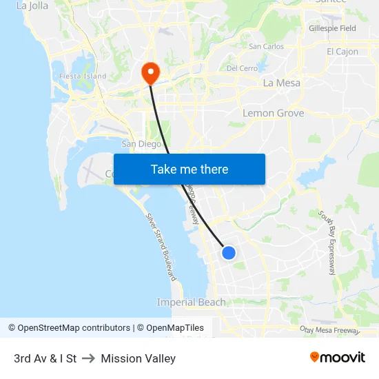 3rd Av & I St to Mission Valley map