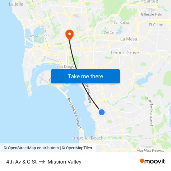 4th Av & G St to Mission Valley map