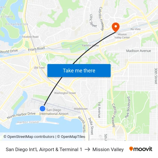San Diego Int'L Airport & Terminal 1 to Mission Valley map