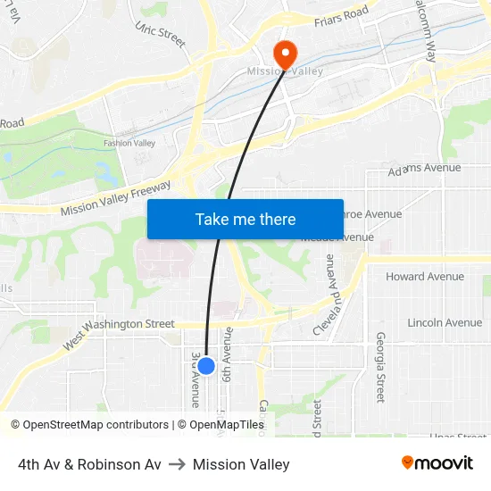 4th Av & Robinson Av to Mission Valley map