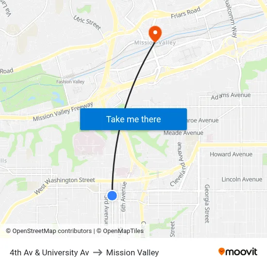 4th Av & University Av to Mission Valley map