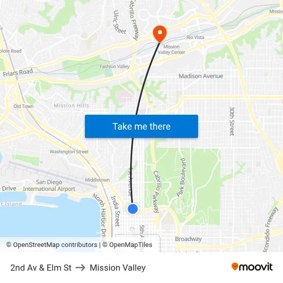 2nd Av & Elm St to Mission Valley map