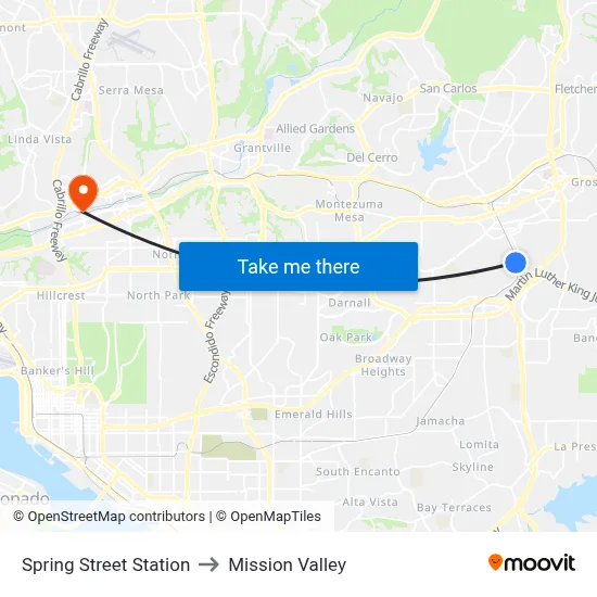 Spring Street Station to Mission Valley map