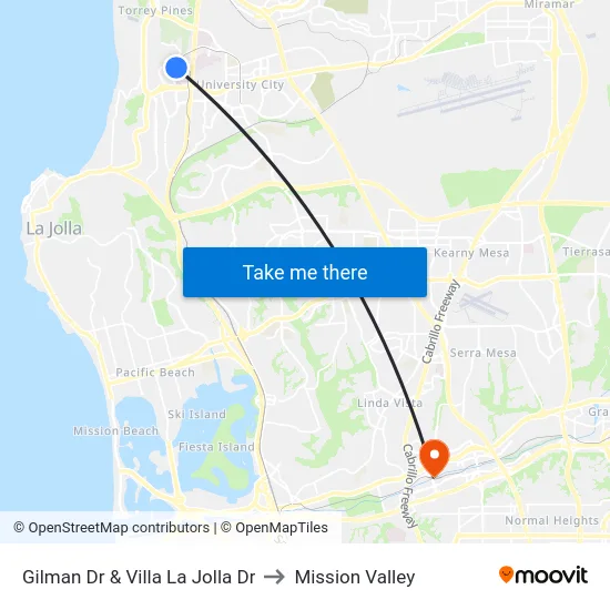 Gilman Dr & Villa La Jolla Dr to Mission Valley map