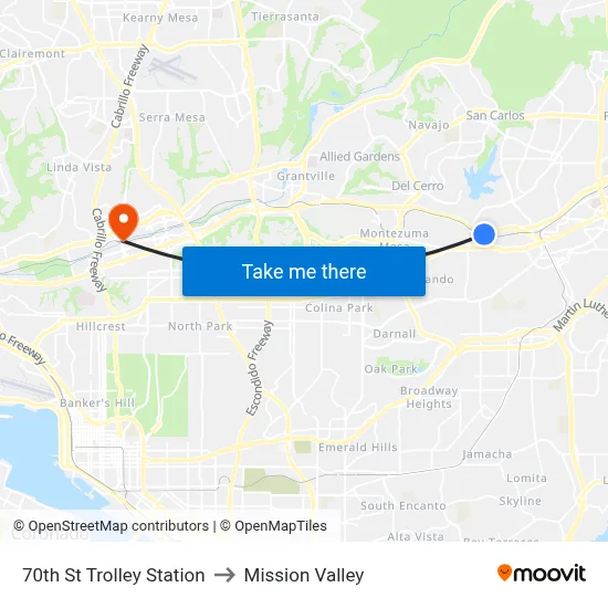 70th St Trolley Station to Mission Valley map