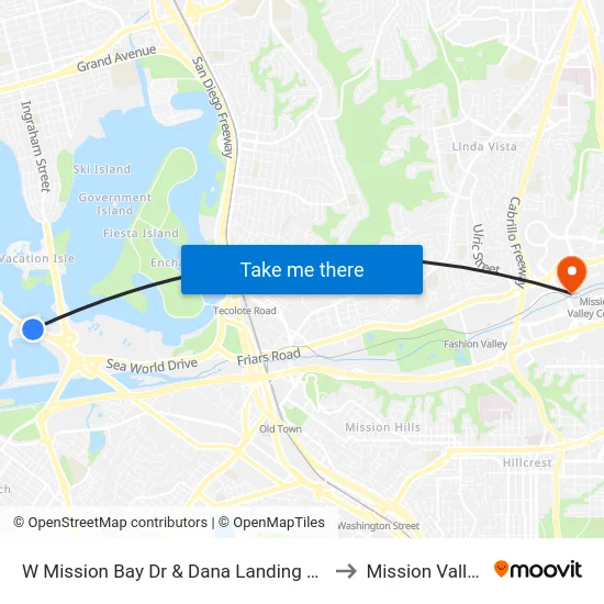 W Mission Bay Dr & Dana Landing Rd to Mission Valley map