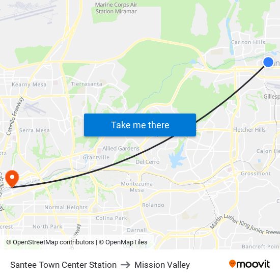 Santee Town Center Station to Mission Valley map