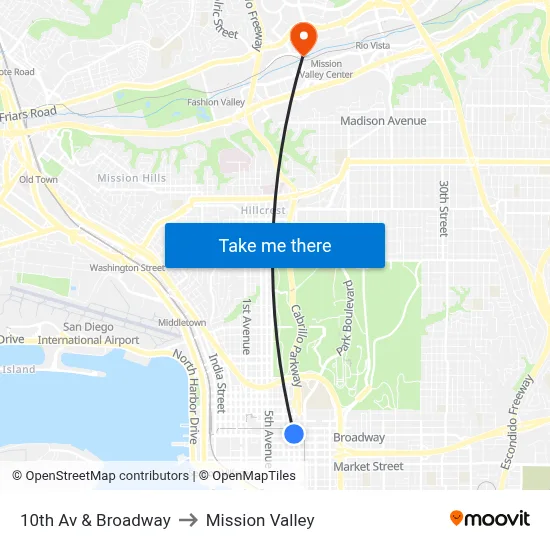10th Av & Broadway to Mission Valley map
