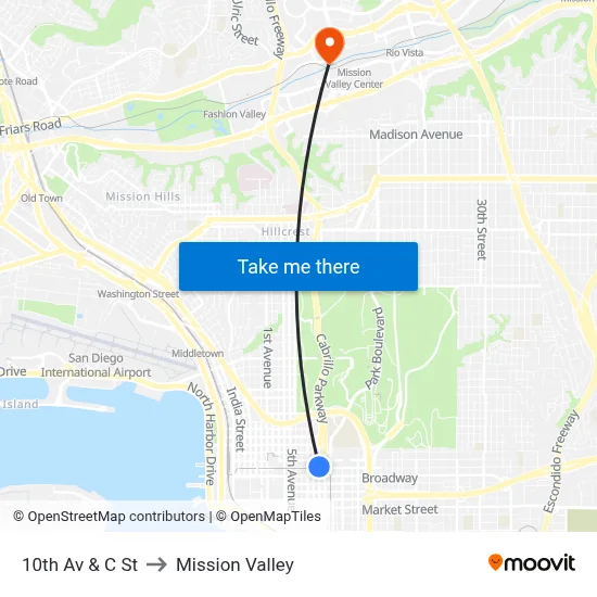 10th Av & C St to Mission Valley map