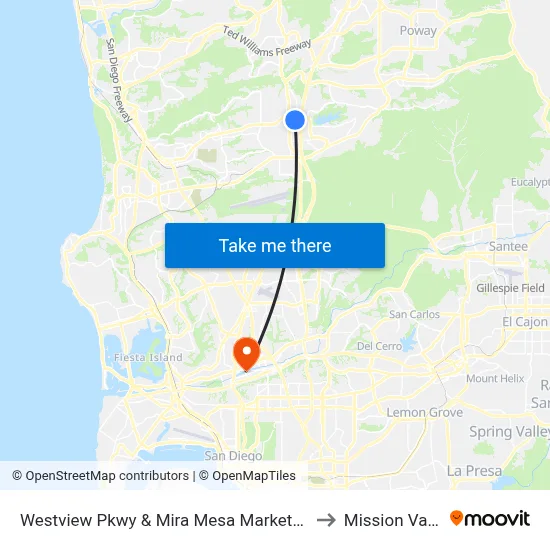 Westview Pkwy & Mira Mesa Marketcenter to Mission Valley map