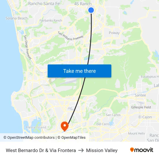 West Bernardo Dr & Via Frontera to Mission Valley map