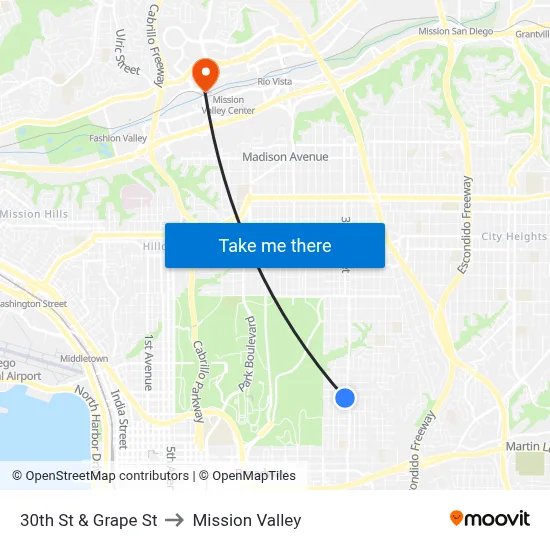 30th St & Grape St to Mission Valley map