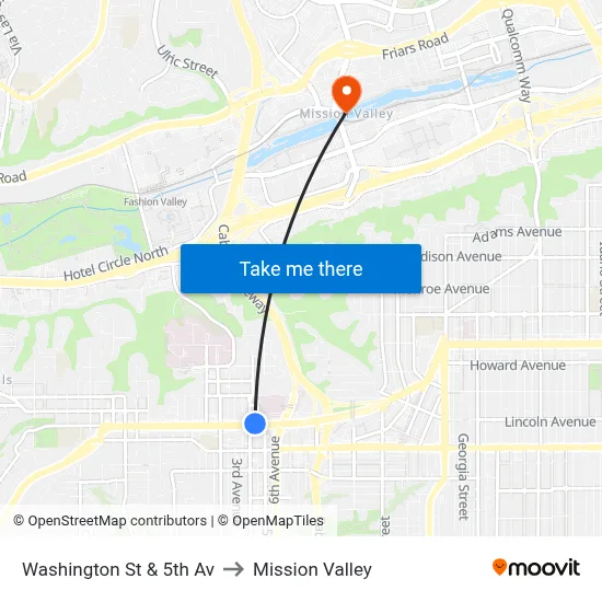 Washington St & 5th Av to Mission Valley map