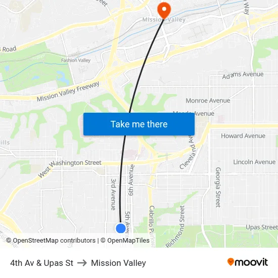 4th Av & Upas St to Mission Valley map