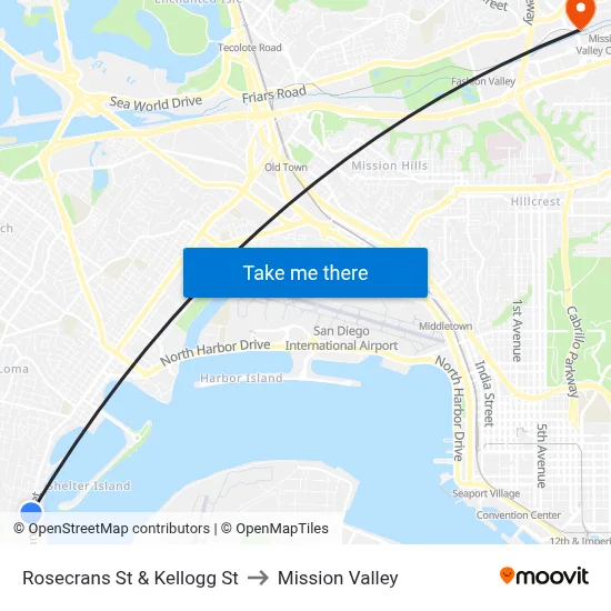 Rosecrans St & Kellogg St to Mission Valley map