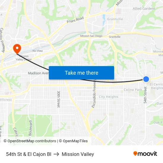 54th St & El Cajon Bl to Mission Valley map