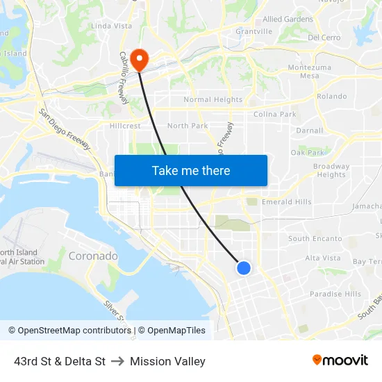 43rd St & Delta St to Mission Valley map