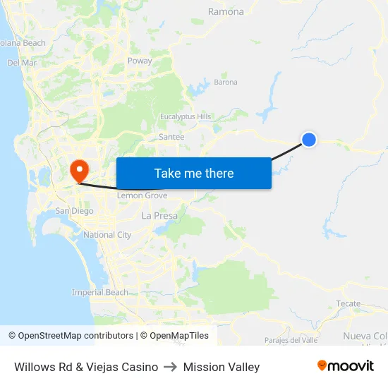 Willows Rd & Viejas Casino to Mission Valley map