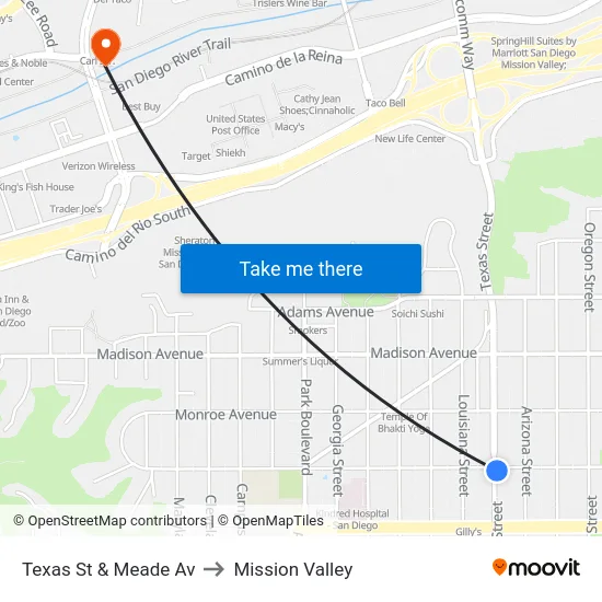 Texas St & Meade Av to Mission Valley map
