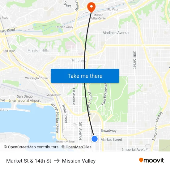 Market St & 14th St to Mission Valley map