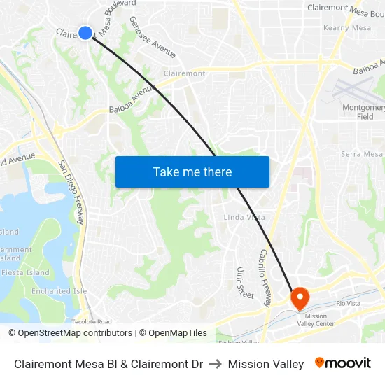 Clairemont Mesa Bl & Clairemont Dr to Mission Valley map