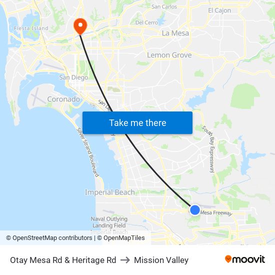 Otay Mesa Rd & Heritage Rd to Mission Valley map