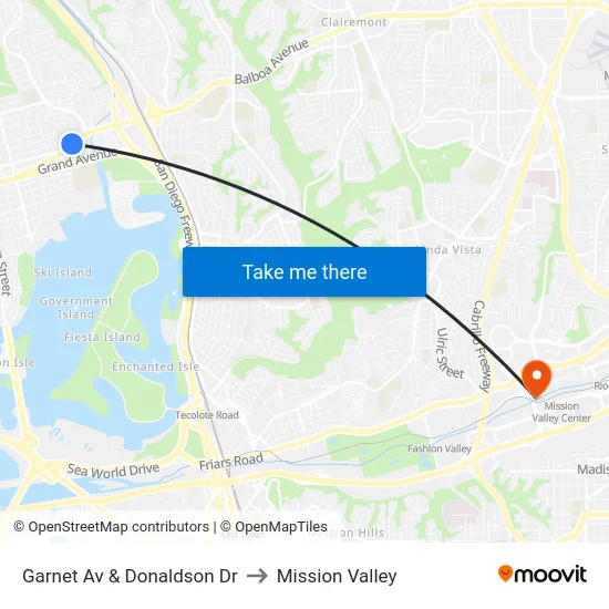 Garnet Av & Donaldson Dr to Mission Valley map