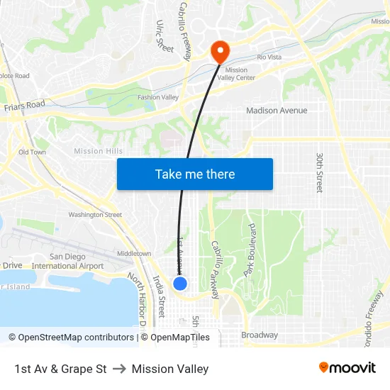 1st Av & Grape St to Mission Valley map