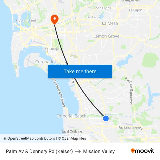 Palm Av & Dennery Rd (Kaiser) to Mission Valley map