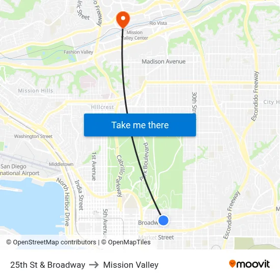 25th St & Broadway to Mission Valley map