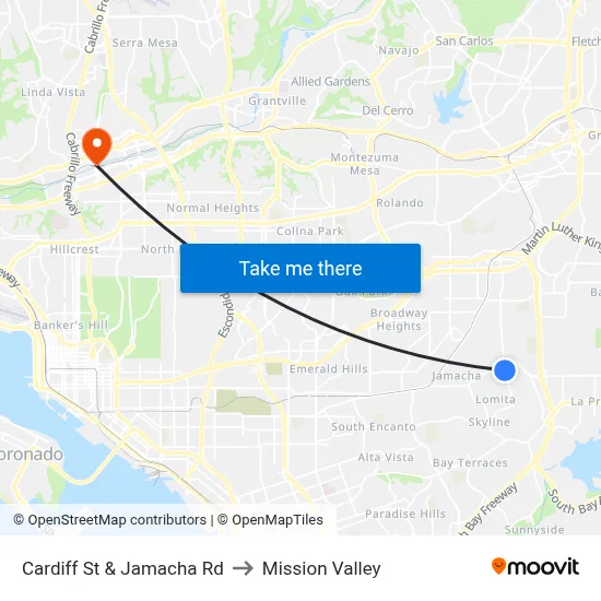 Cardiff St & Jamacha Rd to Mission Valley map