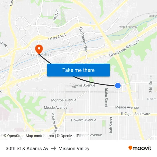 30th St & Adams Av to Mission Valley map