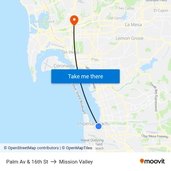 Palm Av & 16th St to Mission Valley map