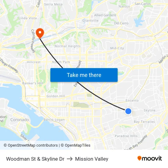 Woodman St & Skyline Dr to Mission Valley map