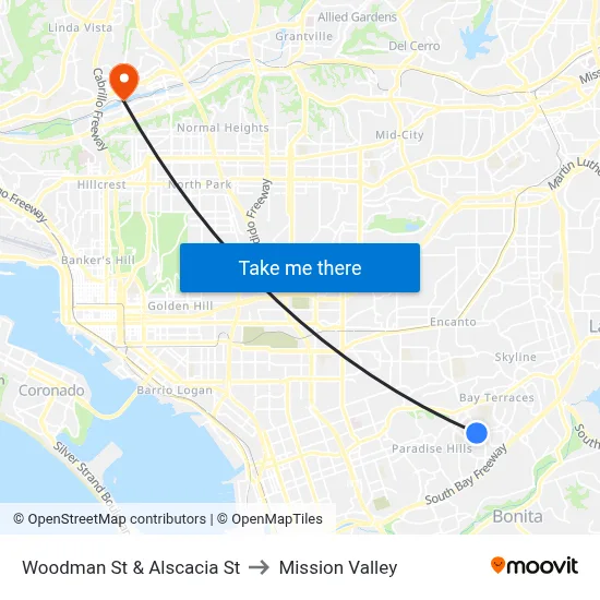Woodman St & Alscacia St to Mission Valley map