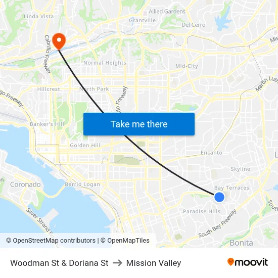 Woodman St & Doriana St to Mission Valley map