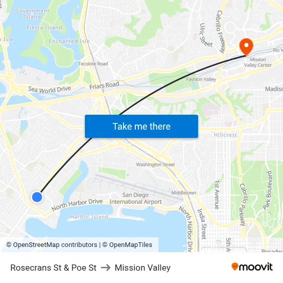 Rosecrans St & Poe St to Mission Valley map
