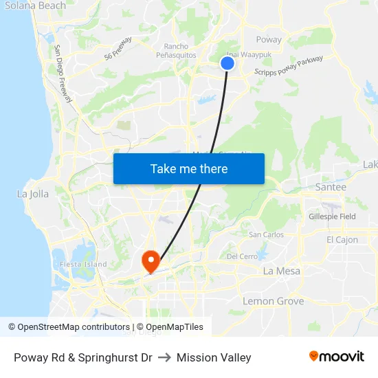 Poway Rd & Springhurst Dr to Mission Valley map