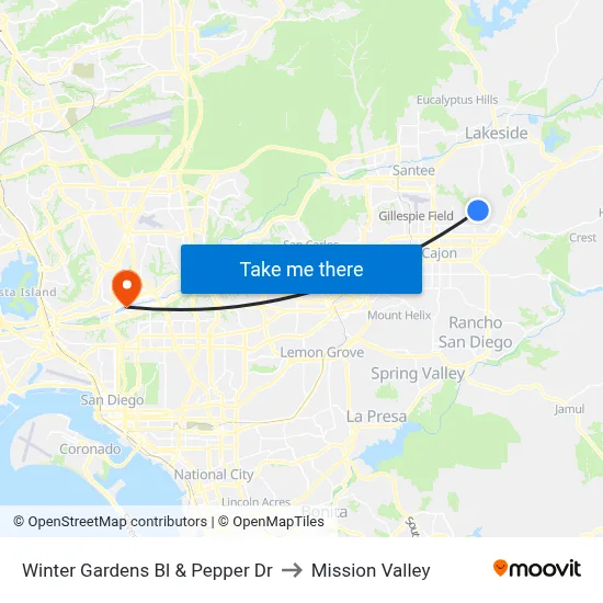Winter Gardens Bl & Pepper Dr to Mission Valley map