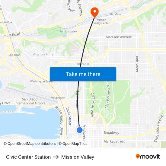 Civic Center Station to Mission Valley map