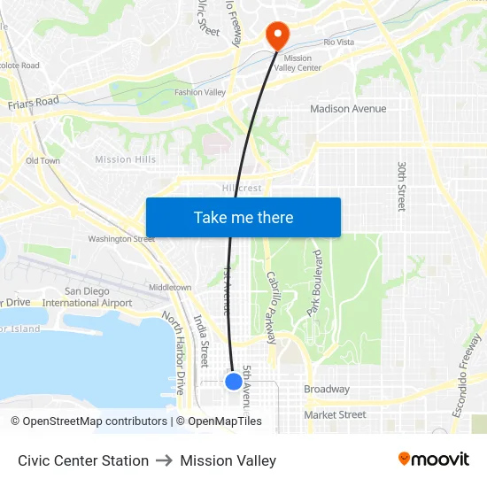 Civic Center Station to Mission Valley map