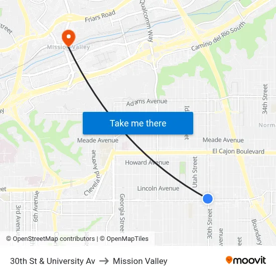 30th St & University Av to Mission Valley map