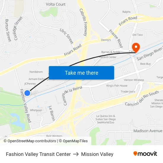 Fashion Valley Transit Center to Mission Valley map