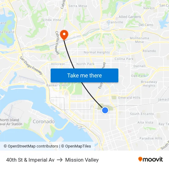 40th St & Imperial Av to Mission Valley map
