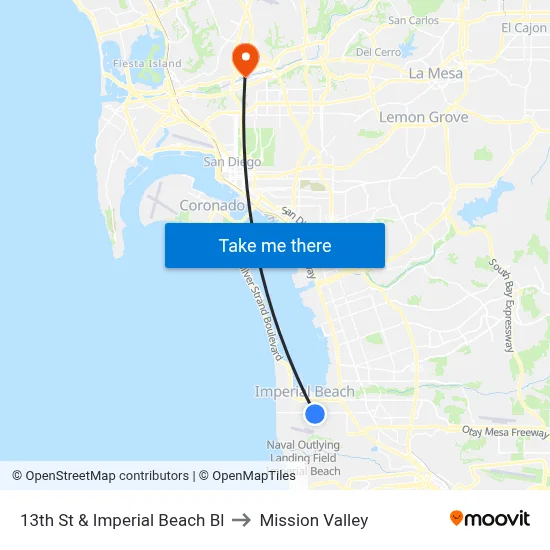 13th St & Imperial Beach Bl to Mission Valley map