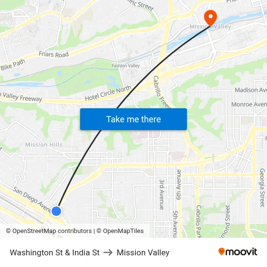 Washington St & India St to Mission Valley map