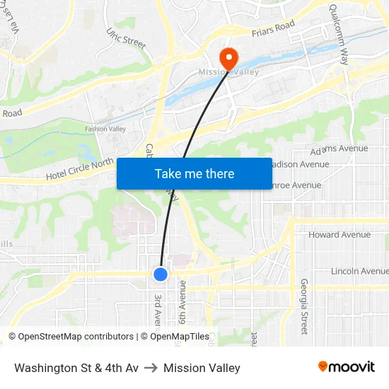 Washington St & 4th Av to Mission Valley map